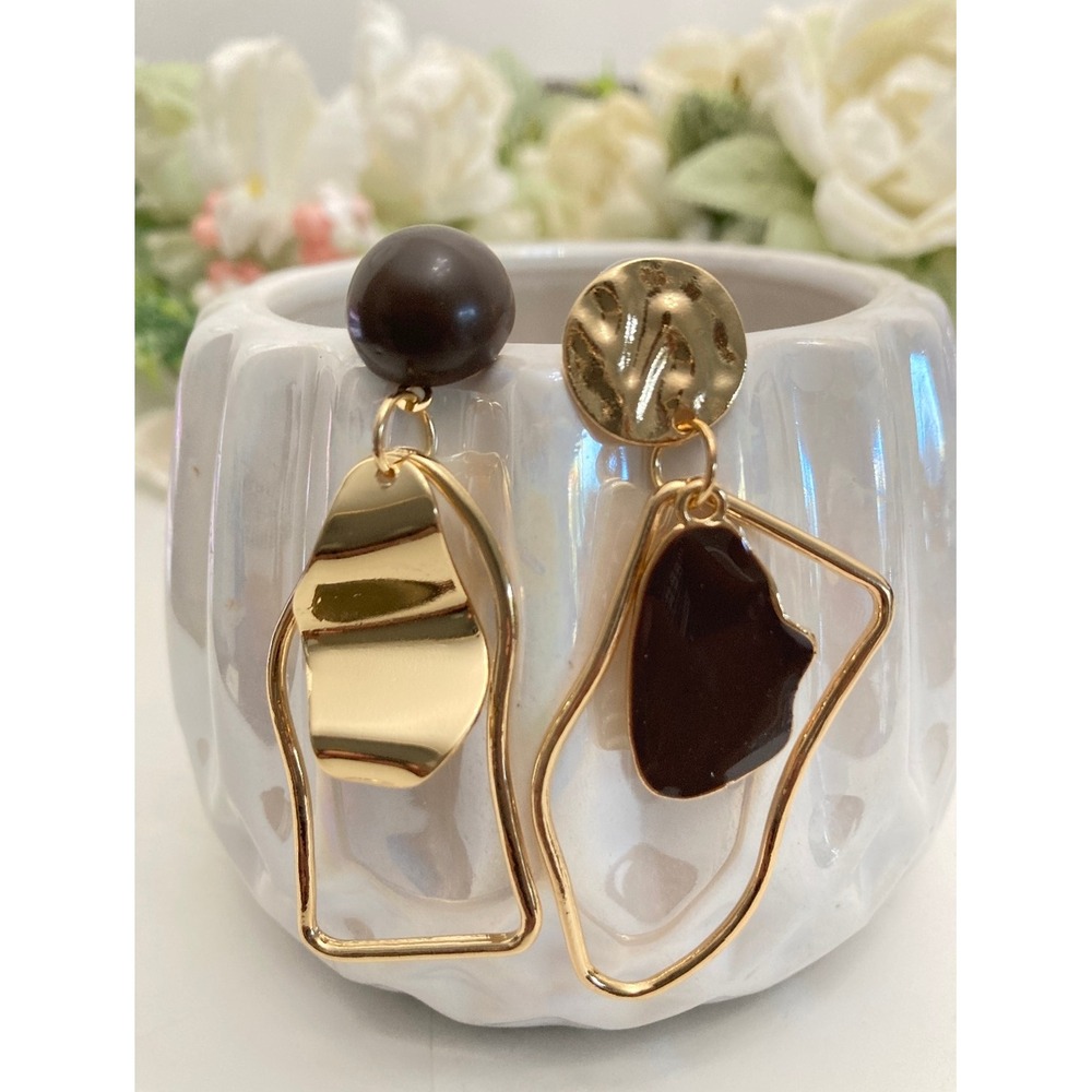 Gold Abstract Geometric Statement Drop Earrings Boho Asymmetrical Artsy - Picture 12 of 15